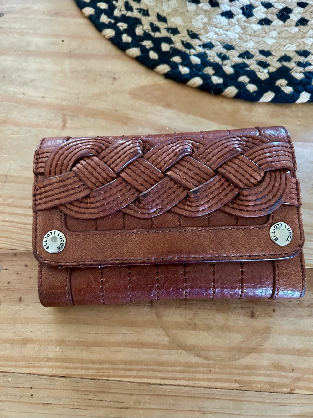 Elliott Lucca Woven Leather Trifold Wallet - Cognac Brown